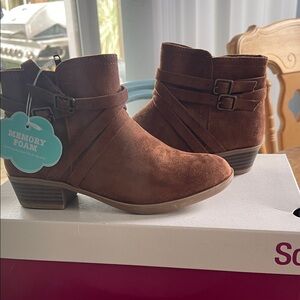 SO Kids Brown Suede Ankle Boots with Double Buckle Straps